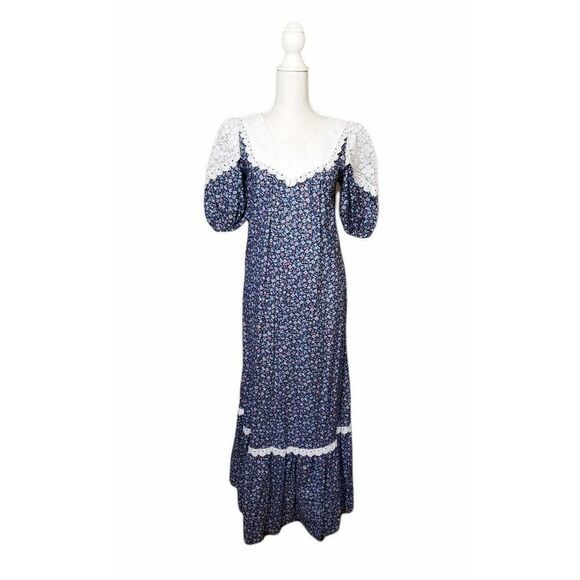 Vintage Hilda Hawaii 70s Lace Maxi Prairie Dress - Picture 1 of 7